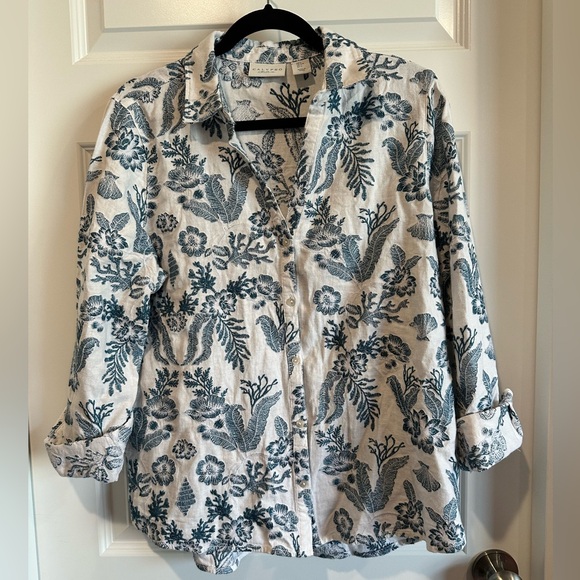 Calypso St. Barth Tops - Calypso St. Barth Embroidered Linen Blend Button-Down Shirt - EUC